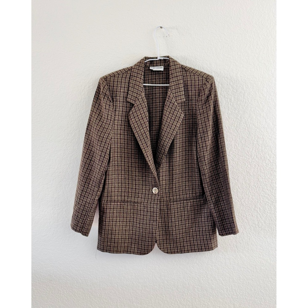 Alice Stuart Blazer Women Small Brown Plaid Vintage Textured Crest Button Jacket